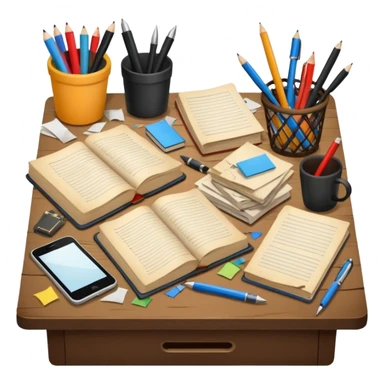 Messy Desk with books and pens sticker