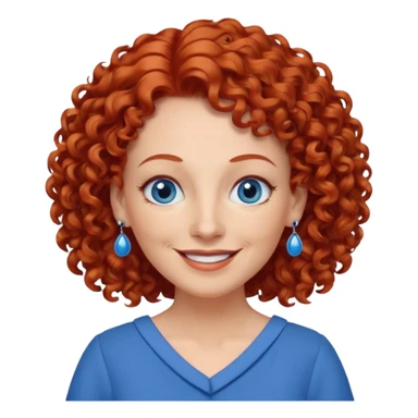 una profesora mayor simpática con el pelo rojo rizado, ojos azules, vestido azul y pendientes azules hablando sticker