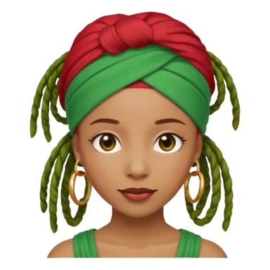 Non-portrait Jayci-vibe emoji, 1024 PNG, transparent. Headwrap (muted R-G-G), hoops, locs hint; soft smile, golden inner glow + faint heart aura. Embed: first-love, roots calm, playful grace, protective joy, consent. sticker