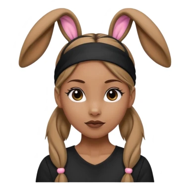 "A tan-skinned person with a high brown ponytail wearing a headband with black bunny ears. The character is dressed in a stylish black outfit. The emoji style should be cute, expressive, and modern — simple but detailed enough to show the ponytail, bunny ears, and outfit clearly." sticker