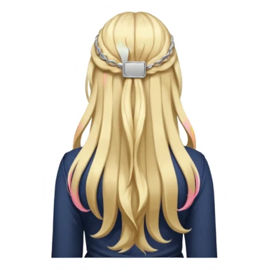 a girl facing backwards so that her hair is showing, long hair that is wavy. she has her hair in a style of half-up-half-down with a small claw-clip securing the hair of the head where the hair strands meet. hair is a platinum blonde color and dark blonde highlights.  sticker