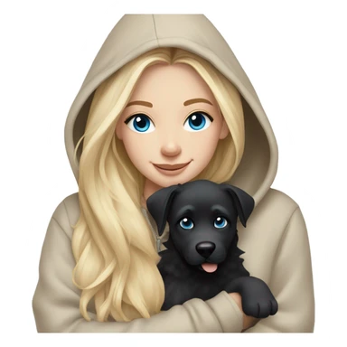 White girl blue eyes Blonde balayage long hair beige hoodie cuddling happy black dog sticker