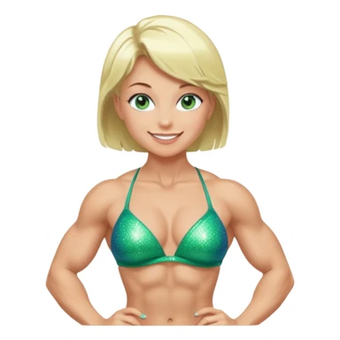 Bodybuilder woman with sparkly green bikini, blue eyes, a smile and short light blonde hair in a bodybuilding side pose sticker