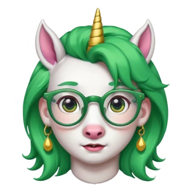 unicorn with green hair and big earrings looking into camera and spectacle sticker
