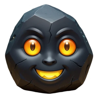 Single black obsidian rock character, thick and heavy with sharp facets and subtle reflections, carved cute face with glowing round eyes and a small smile, 3D render, high detail, soft backlighting, isolated on a plain dark background. sticker