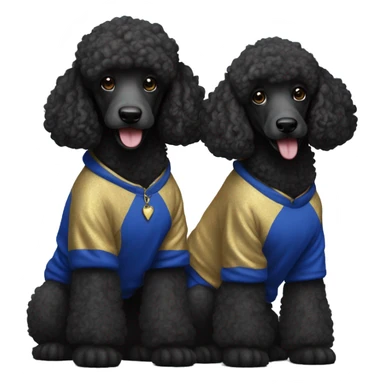 Two black poodles wearing royal blue and gold hoodies sticker