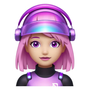 “Futuristic Roblox girl emoji, 2050 style. Pink-purple holo visor, light-strand hair, digital eyes sparkle, metallic pastel glow, neon aura background.” sticker