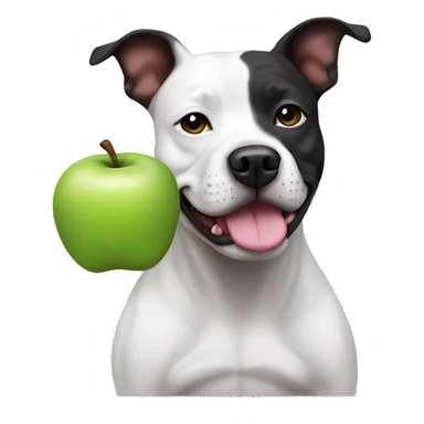staffy dog has a white face. he has black ears, with a pink hue inside the ear. he has spots, which are on his mane not on his face! he is sitting down and make him look like an apple emoji  sticker