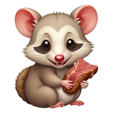 A cartoonish opossum happily munching on a juicy piece of meat, with a playful expression and a small bone in the background, simple and cute style, emoji design. sticker