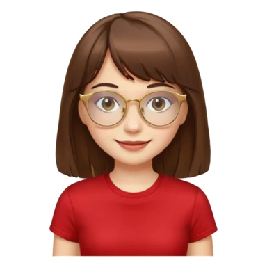 chica con piel blanca sonriendo, ojos marrones y pelo marrón largo hasta la cintura con flequillo y lentes dorados con remera roja. sticker