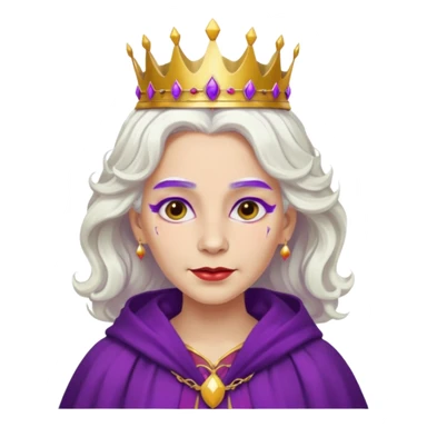 Queen with wavy white hair – golden crown, purple robe, red face paint mark sticker
