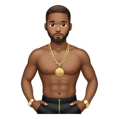 R Kelly with dark brown hair, metallic black pants, shirtless with necklace sticker