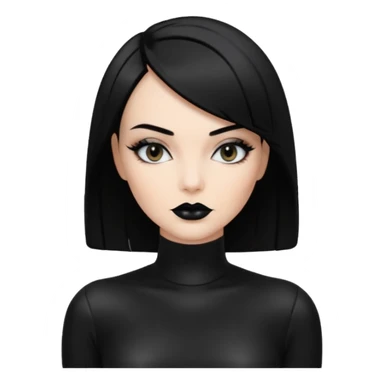 A white woman with a sleek black bob haircut, wearing glossy black lipstick and dark eyeshadow, dressed in a shiny black catsuit. sticker