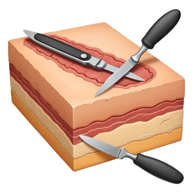 bisturi médico cortando um bloco de pele, mostrando as camadas internas (epiderme, derme e hipoderme), sem o medico sticker