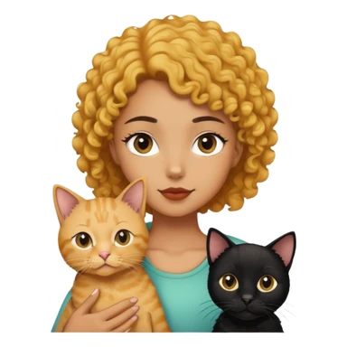 The girl is holding a black cat, a yellow shorthair cat and a curly-haired dog sticker