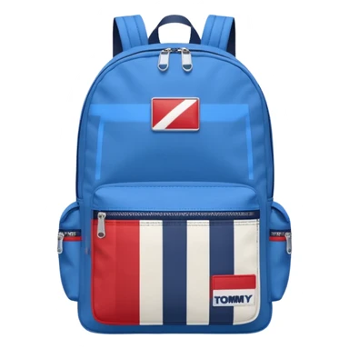 simple blue backpack, at the bottom pocket there is a  logo featuring a Tommy Jeans-inspired logo. The logo looks like a vertically one red, one white. The flag stripes are vertical, not horizontal. Flat

 sticker
