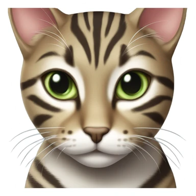 A tabby cat with a white chest and paws, large green eyes, and perked ears. It has a sleek, striped coat with a mix of dark gray and brown tones. sticker