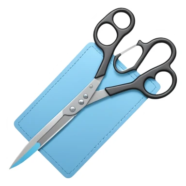 Floating black Scissors cutting a light blue military ID card in 2 parts .hyper realistic sticker