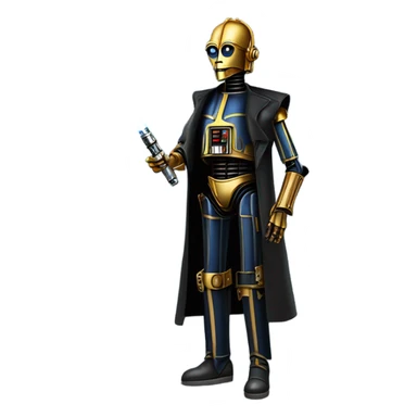 tough well-equipped jedi first order life-sized darkblue-pearl C3po as a friendly bounty hunter droid wearing a leather clothing old west duster coat holding light saber sticker
