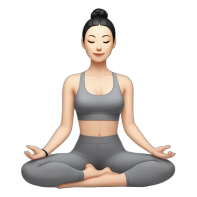 Pale skinned fit woman In a gray tight yoga suit and wristbands With black hair in a bun sits in the lotus position sticker