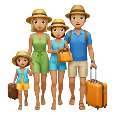 family of Italian tourists, parents and two kids, summer outfits, carrying suitcases sticker