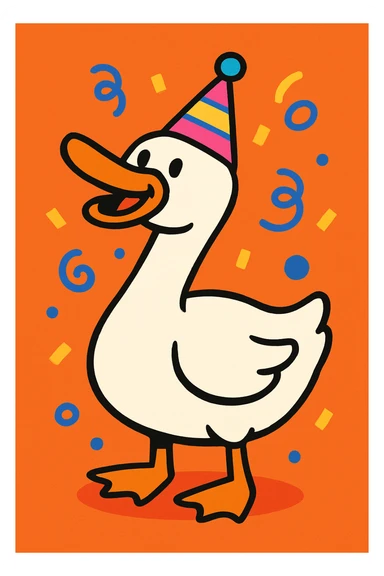 a silly goose, wearing a party hat, whimsical, cartoon style sticker