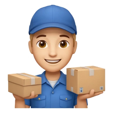 3D Apple-style emoji of a delivery worker holding a cardboard package. Wearing a cap and uniform shirt, smiling expression. Rounded, glossy, smooth, soft shadows, white background.




 sticker