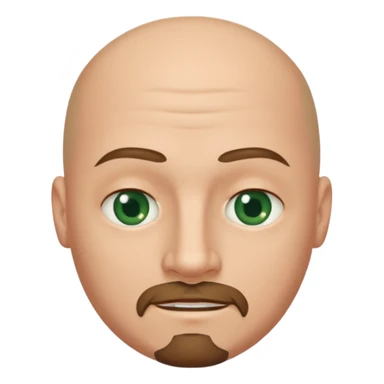white caucasian bald man's face, with brown  round goatee and dark green eyes, oval face, rounded, big, little eyes a small smile sticker