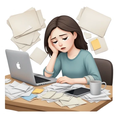 tired woman at a desk with a MacBook, surrounded by messy papers, emphasizing disorganization sticker
