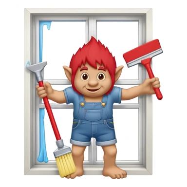 Troll wearing jorts cleaning a window using red squeegee sticker