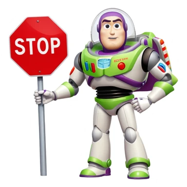 Buzz Lightyear character with a red stop sign above him sticker