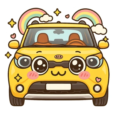 Add a very expressive kawaii face with big shiny eyes and pink cheeks to the car. Add rainbows around the car. Make the whole image even more kawaii. Keep the background transparent. The style should be cute and colorful with a kawaii aesthetic. sticker