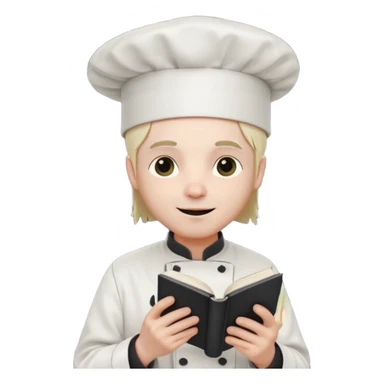 ["A happy man with pale skin, straight hair, wearing a chef hat and no glasses, dressed in goth fashion, is reading a book while holding a camera."] sticker