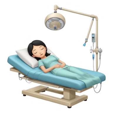 A female patient with black hair lying on an examination bed, head on a pillow and eyes closed, shown in a wide, full-body view in a clean colonoscopy procedure room. No medical staff visible. sticker