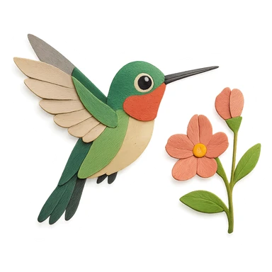 ruby-throated hummingbird in flight, layered paper wings, near blooming pink flowers, expressive eye sticker