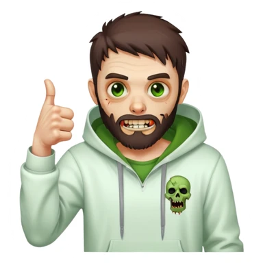 zombie with thumbs up gesture, undercut hairstyle with dark brown hair, short full beard, green eyes, wearing plain white hoodie sticker