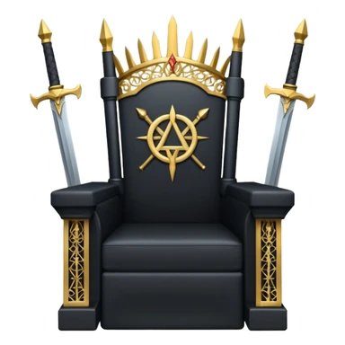 wide big iron black throne made of swords with gold filigree and central Illuminati symbol sticker