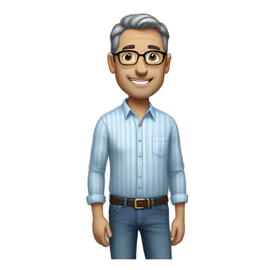 A middle-aged healthy man with short dark hair and glasses, wearing a light blue striped shirt and jeans, standing casually with one hand in his pocket, smiling gently against a plain, neutral background. sticker