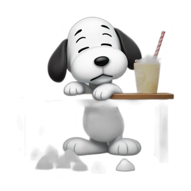 Snoopy (full body, standing) holding a straw in his hand against his nose bent over a table sucking up a pile of sugar sticker