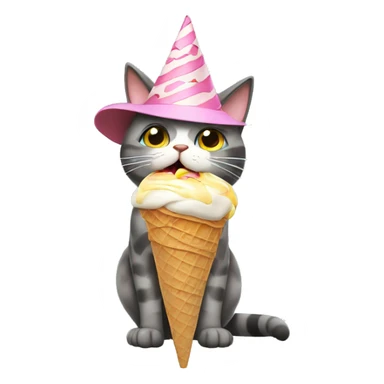 Cat wearing a birrhday hat and licking an ice cream cone sticker