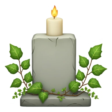 Gravsten med lite ivy som klättrar på den och framför i gräs ett stående vitt brinnande blockljus sticker