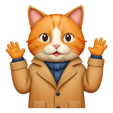 an orange cat wear a coat and in hand have sing sticker