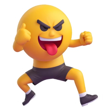 grotesque, angry emoji face executing a powerful high kick, ball and damaged wire mesh fence, bold and intense sticker