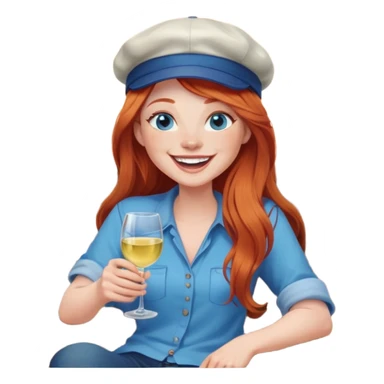 Laughing redhead with long hair and blue eyes wearing cap holding white wine sitting in chair beside fire pit sticker