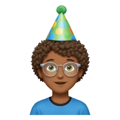 A boy with curly brown hair and green eyes with a happy face, and wear square glasses.He’s also got a full silver birthday party hat on his head with blue pom poms on top of it, and his T-shirt is all black, he wears a little gold circle earrings on his left  sticker