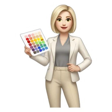 Full height pale skin woman with ash blonde Straightened bob Hair, White classical jacket, beige Arrow pants and gray blouse holding a color palette in the hands sticker