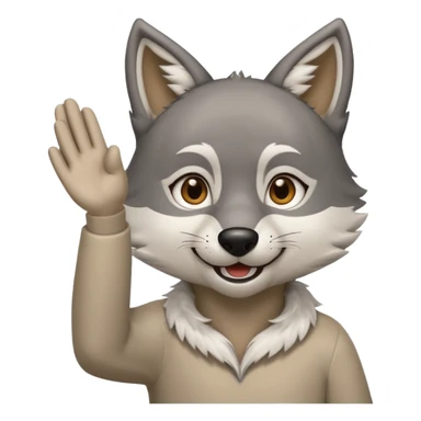 happy gray wolf in a white dishdasha, brown eyes, right hand raised, fursuit style emoji icon sticker
