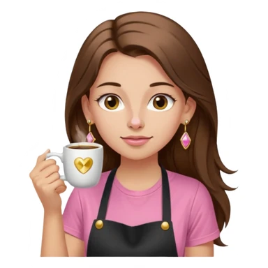 Fille cheveux long châtain, peau beige type européen, teeshirt rose avec un tablier noir, piercing au nez anneau doré, boucle d’oreille diamant doré. Elle boit un café sticker