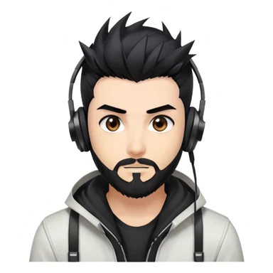 Highly detailed anime-style man with spiky black hair, expressive brown eyes, neat black beard, wearing professional gaming headphones, sharp facial features, anime shading and highlights sticker