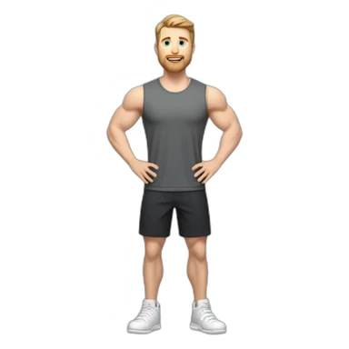 Full height Actively gesturing with hands Pale skinned Fit Man With the biceps and brown hair in dark gray Sleeveless Mike, black oversize sports shorts and white Sneakers sticker